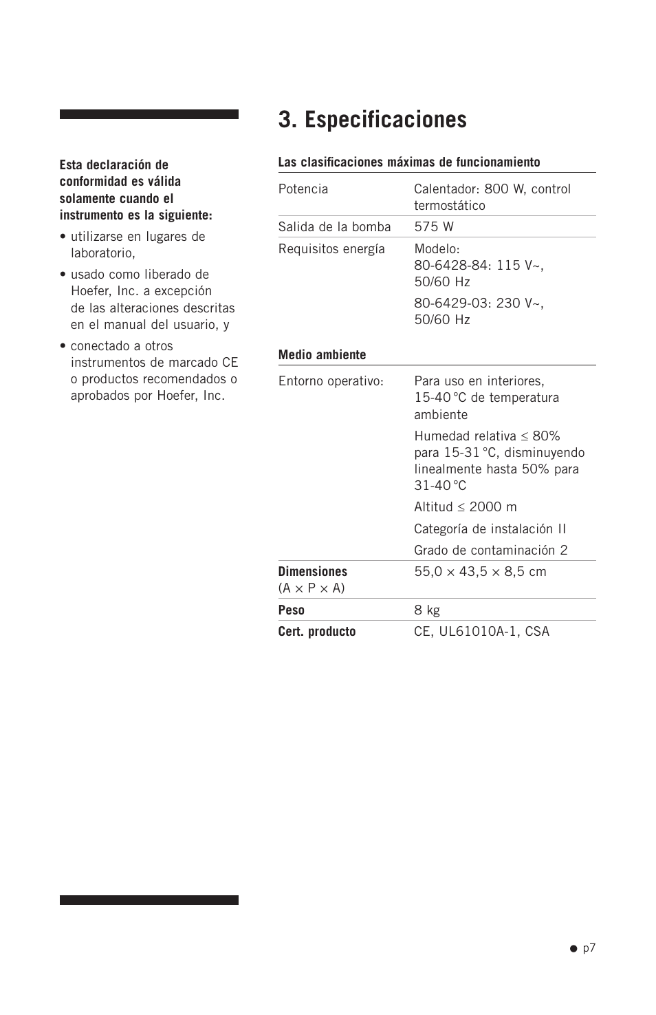 Especificaciones | Hoefer GD2000 User Manual | Page 15 / 30