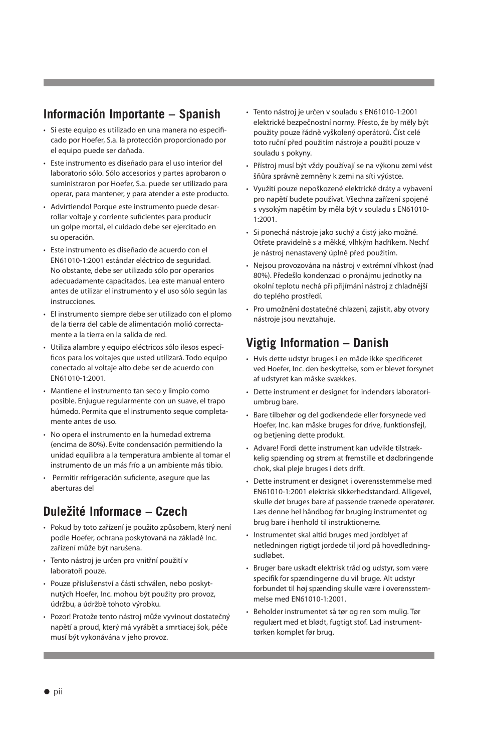 Información importante – spanish, Duležité informace – czech, Vigtig information – danish | Hoefer GD2000 User Manual | Page 3 / 30