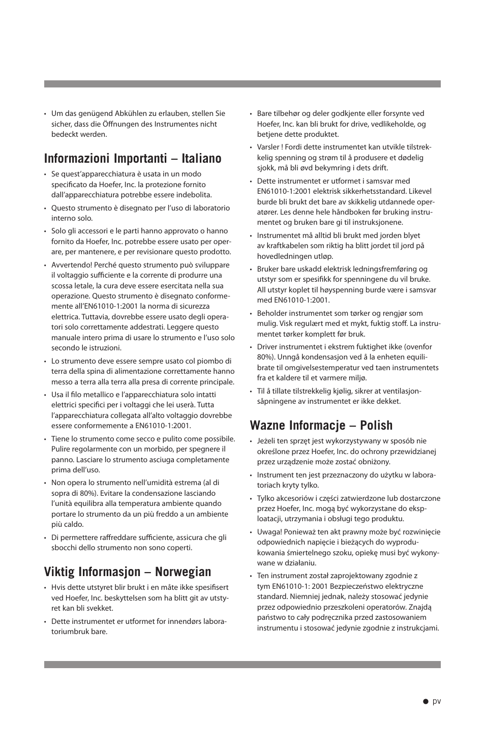 Informazioni importanti – italiano, Viktig informasjon – norwegian, Wazne informacje – polish | Hoefer GD2000 User Manual | Page 6 / 30