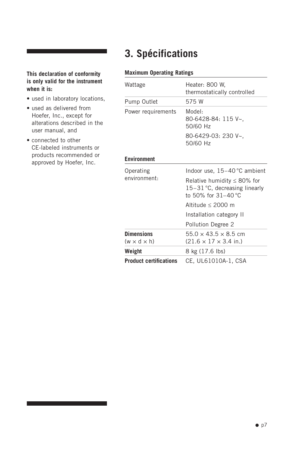 Specifications, Spécifications | Hoefer GD2000 User Manual | Page 15 / 30