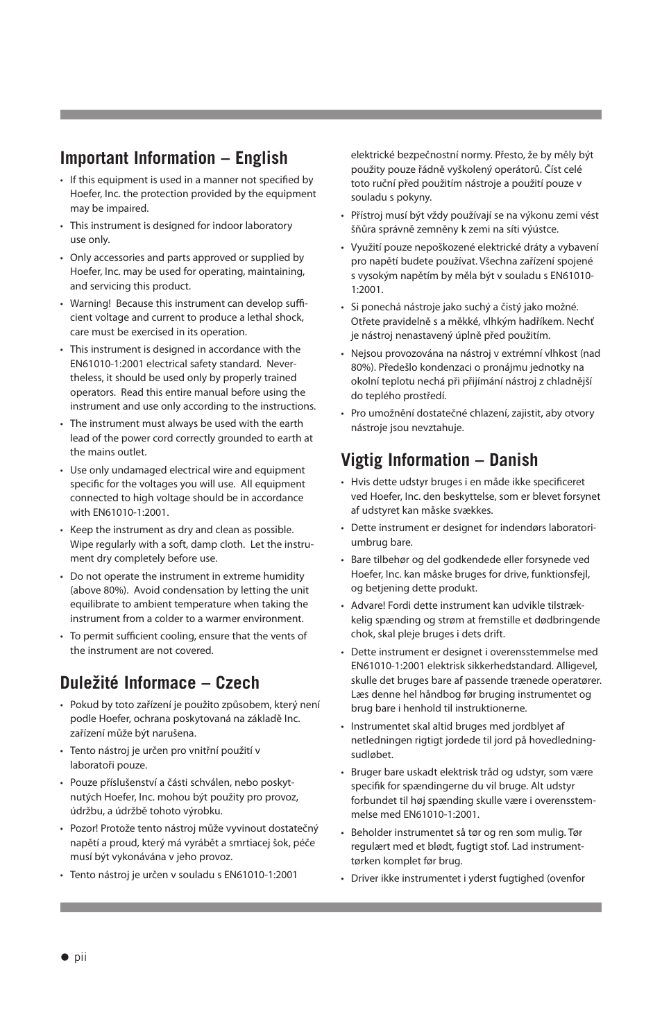 Important information – english, Duležité informace – czech, Vigtig information – danish | Hoefer GD2000 User Manual | Page 3 / 30