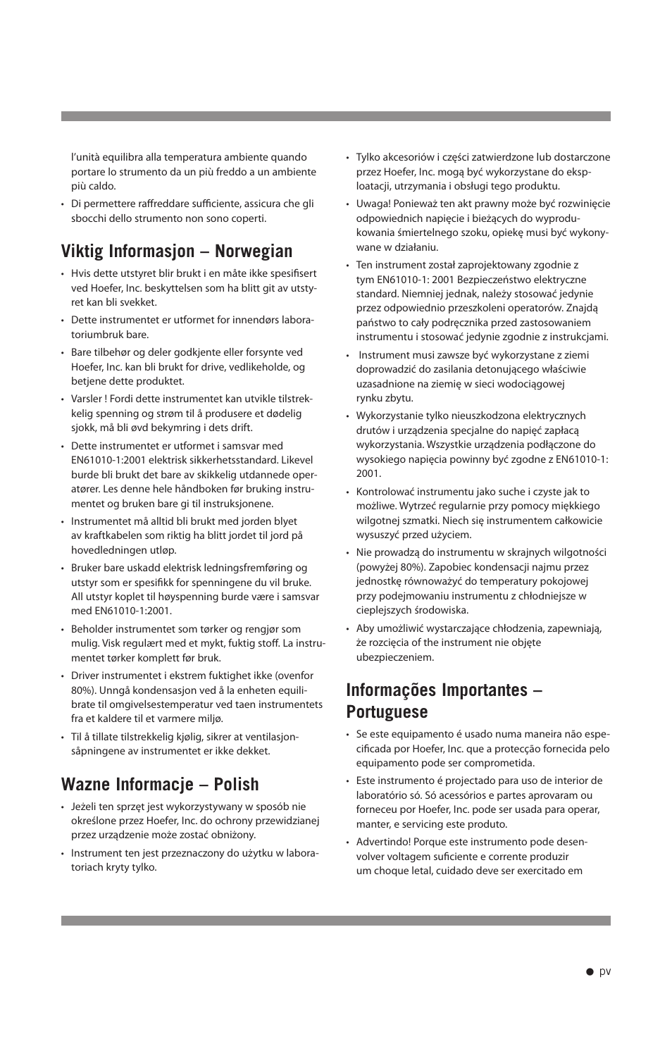 Viktig informasjon – norwegian, Wazne informacje – polish, Informações importantes – portuguese | Hoefer GD2000 User Manual | Page 6 / 30