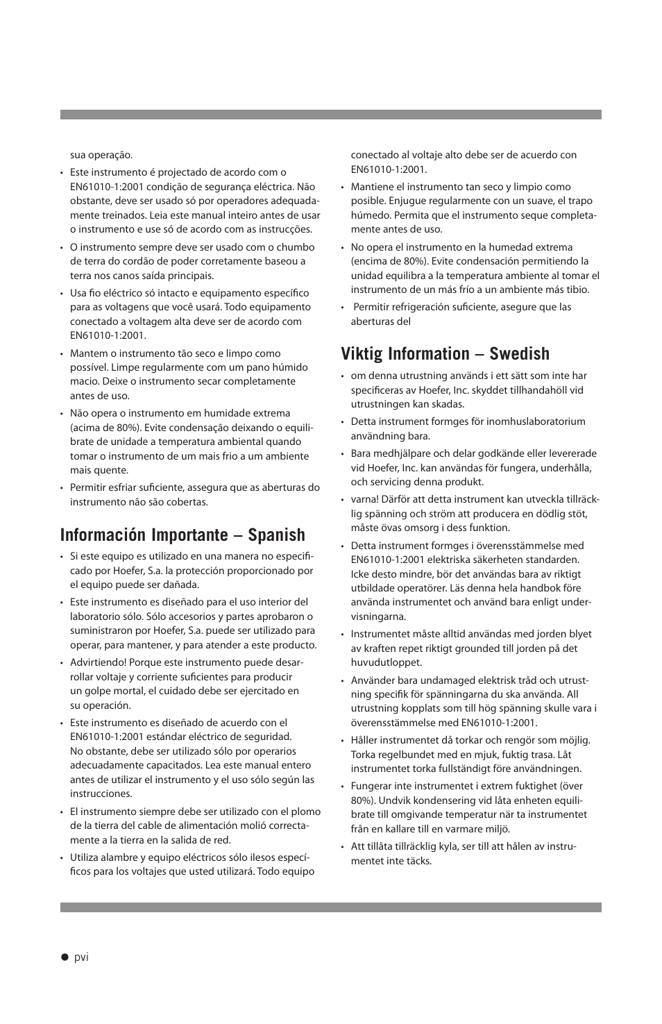 Información importante – spanish, Viktig information – swedish | Hoefer GD2000 User Manual | Page 7 / 30