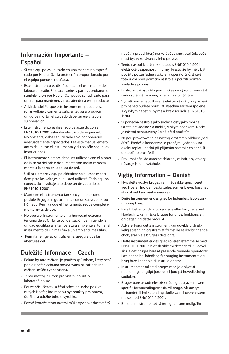 Información importante – español, Duležité informace – czech, Vigtig information – danish | Hoefer VP200 User Manual | Page 3 / 30