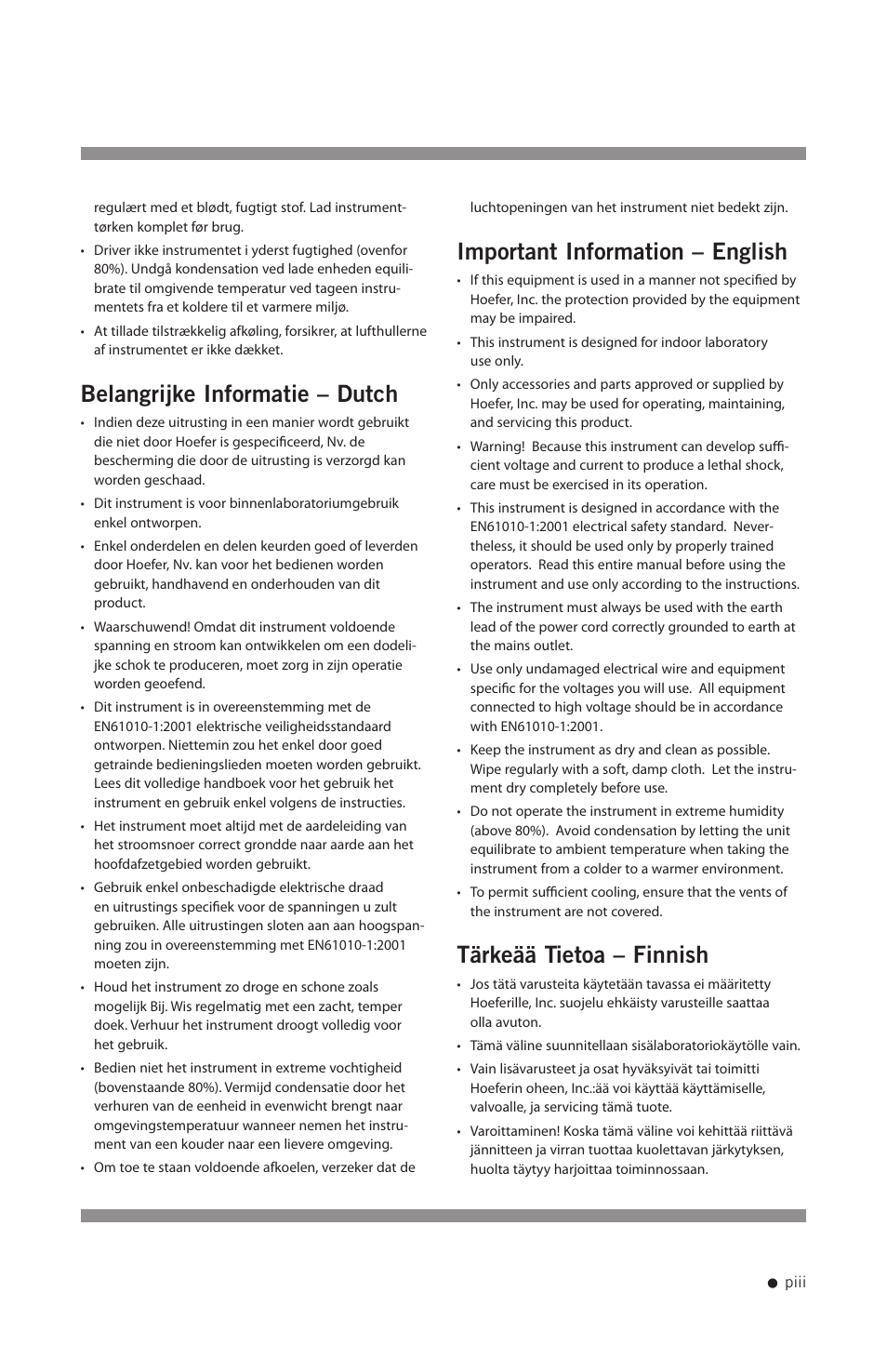 Belangrijke informatie – dutch, Important information – english, Tärkeää tietoa – finnish | Hoefer VP200 User Manual | Page 4 / 30