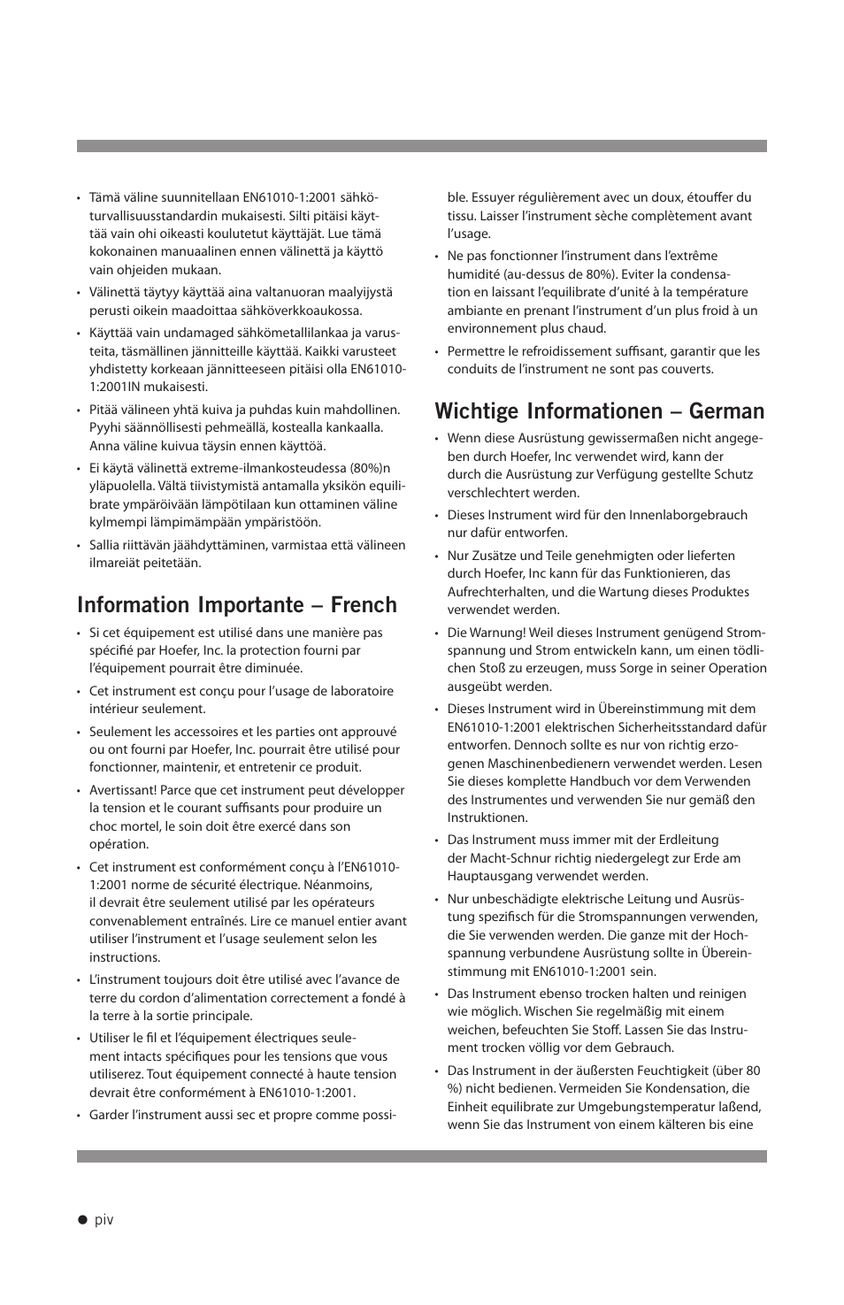 Information importante – french, Wichtige informationen – german | Hoefer VP200 User Manual | Page 5 / 30
