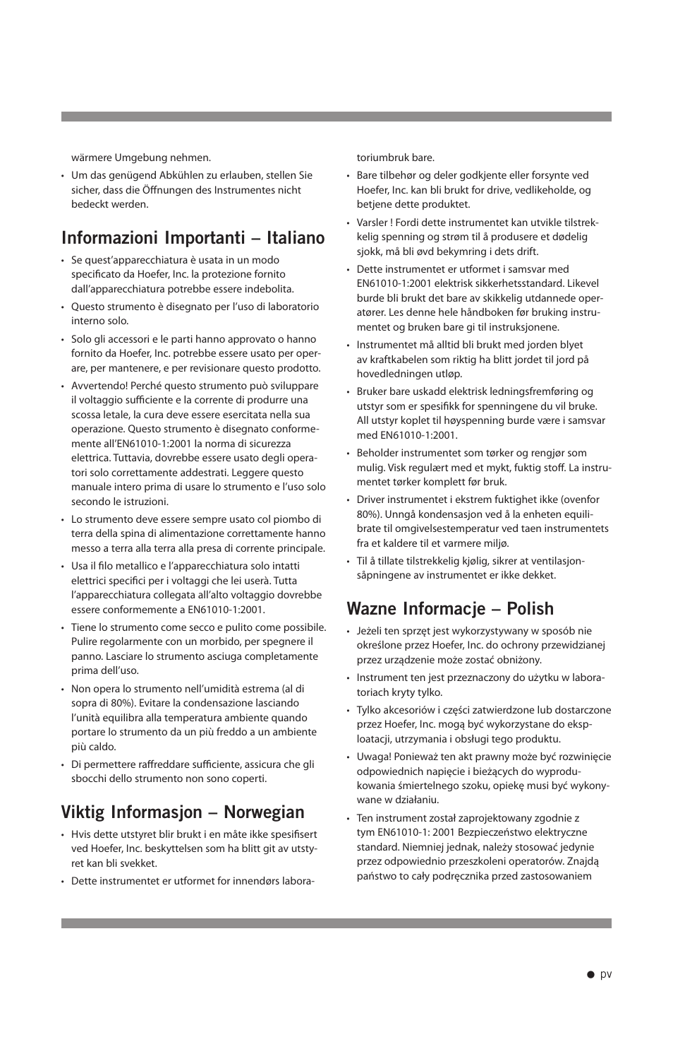 Informazioni importanti – italiano, Viktig informasjon – norwegian, Wazne informacje – polish | Hoefer VP200 User Manual | Page 6 / 30