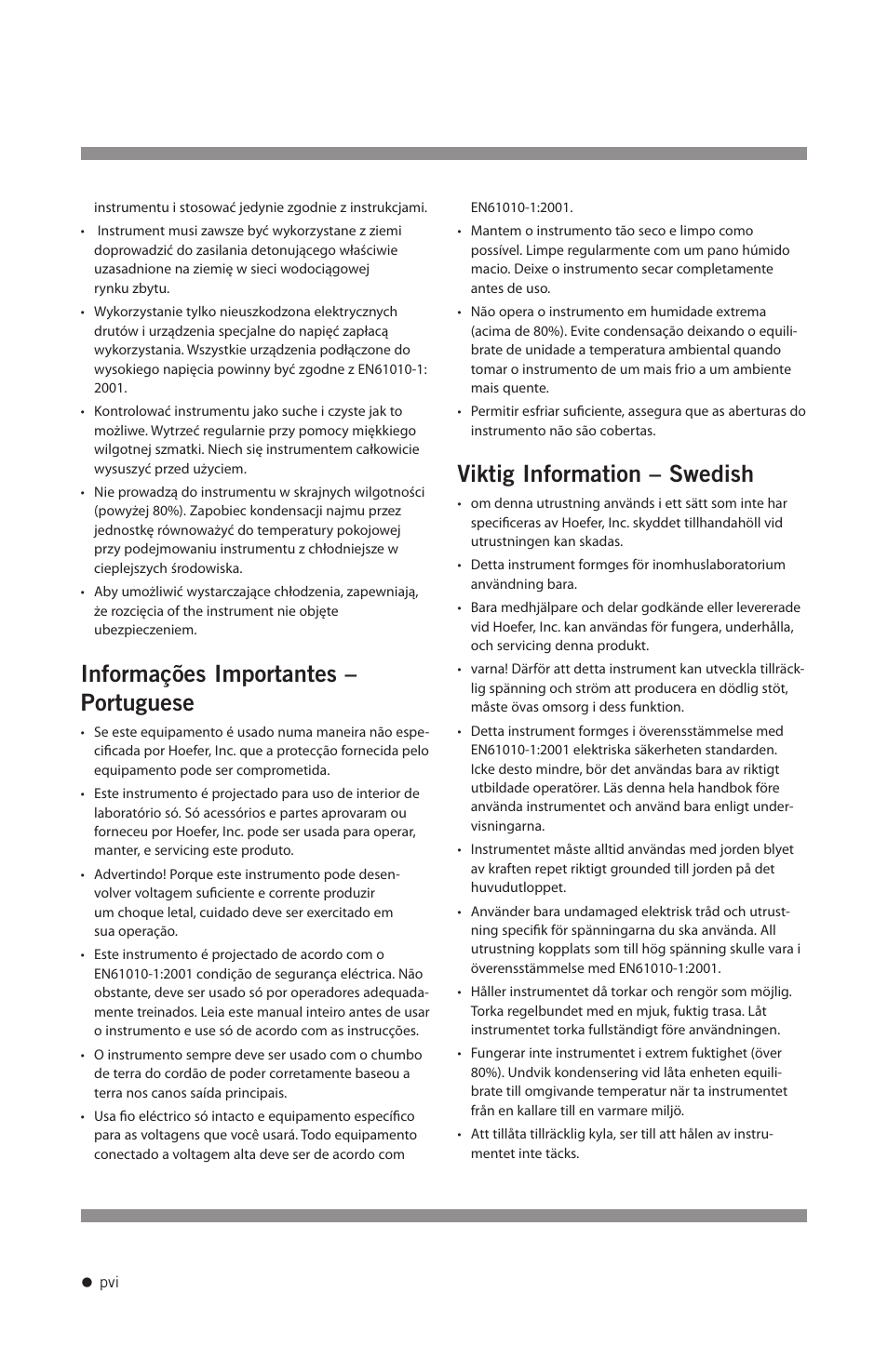 Informações importantes – portuguese, Viktig information – swedish | Hoefer VP200 User Manual | Page 7 / 30