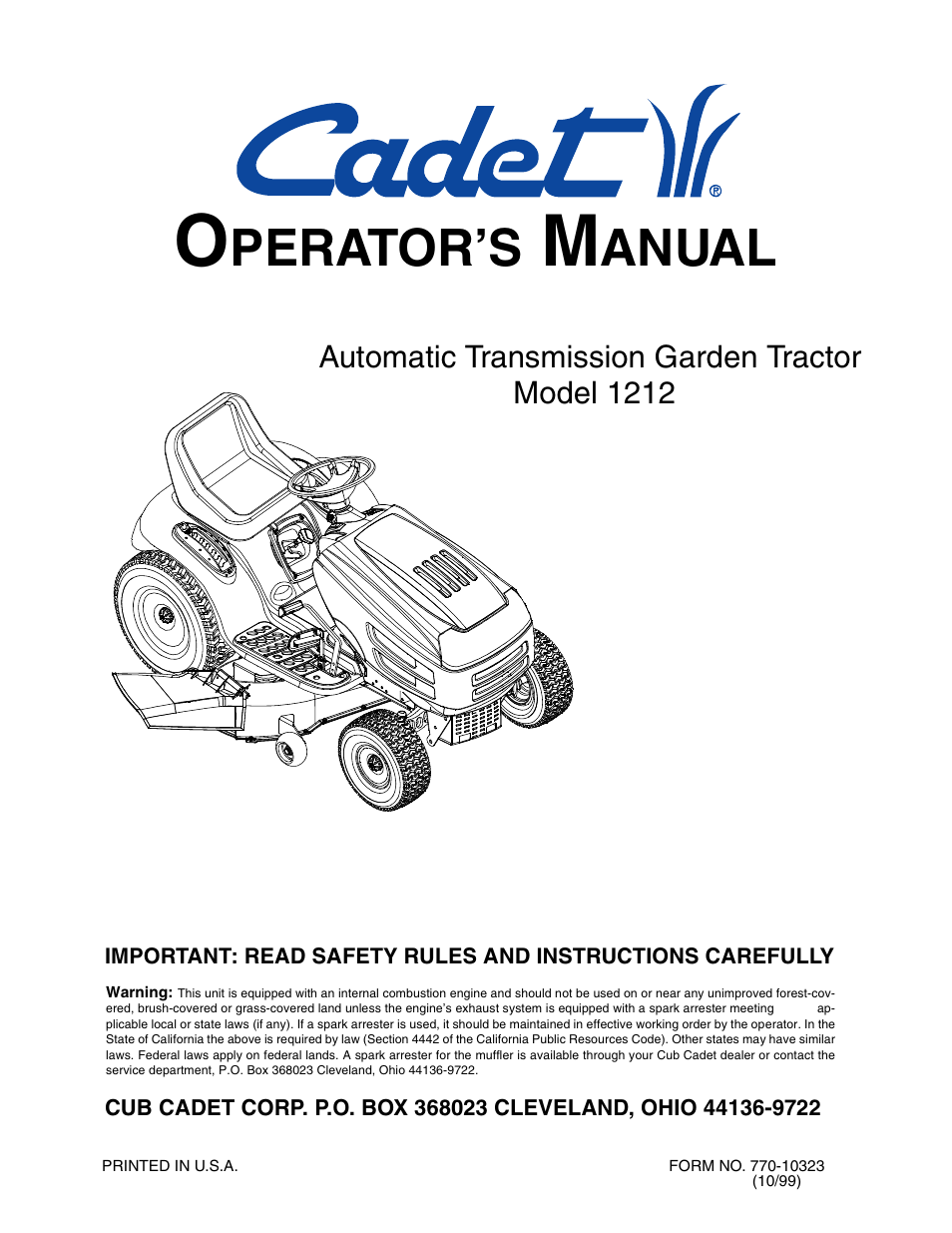 Cub Cadet 1212 User Manual | 44 pages