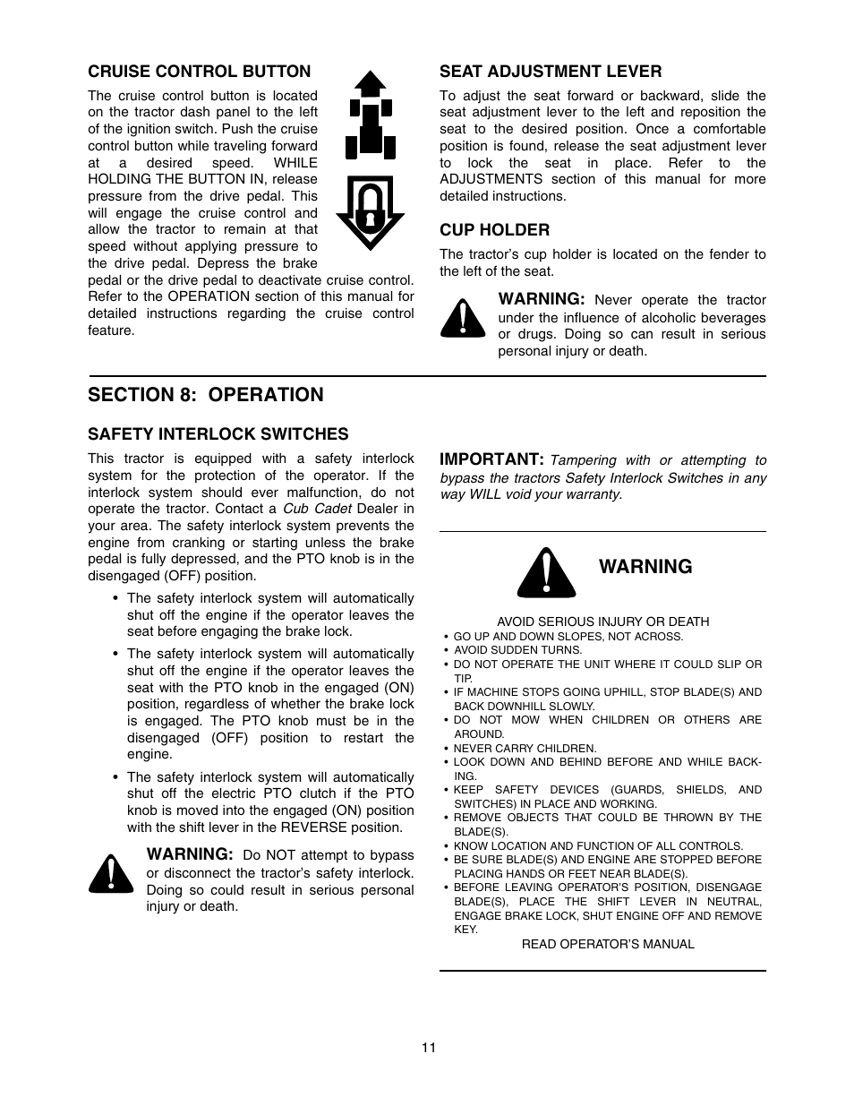 Warning | Cub Cadet 1212 User Manual | Page 11 / 44