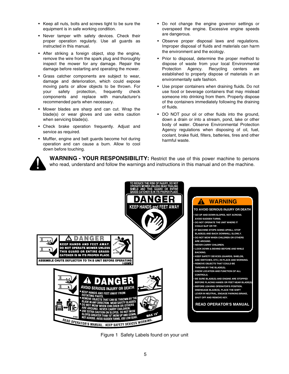 Warning - your responsibility, Warning | Cub Cadet 1212 User Manual | Page 5 / 44