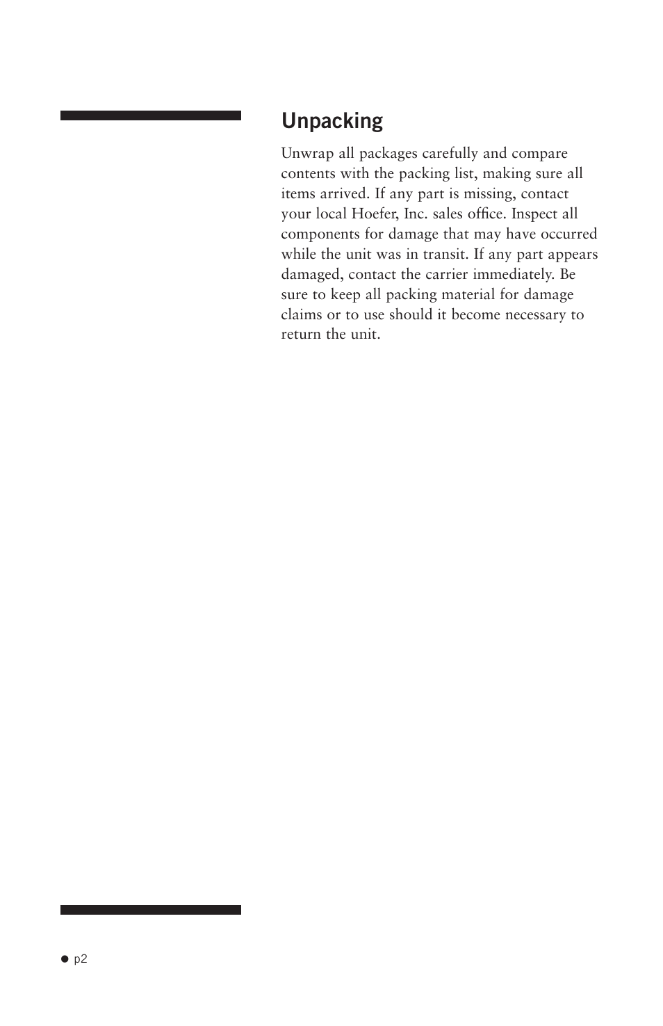 Unpacking | Hoefer VP200 User Manual | Page 10 / 30