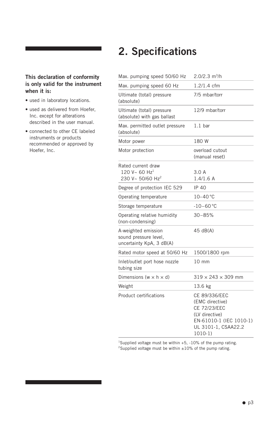 Specifications | Hoefer VP200 User Manual | Page 11 / 30