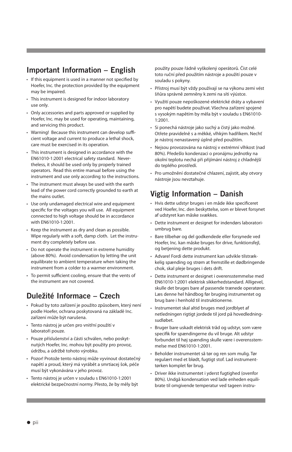 Important information – english, Duležité informace – czech, Vigtig information – danish | Hoefer VP200 User Manual | Page 3 / 30