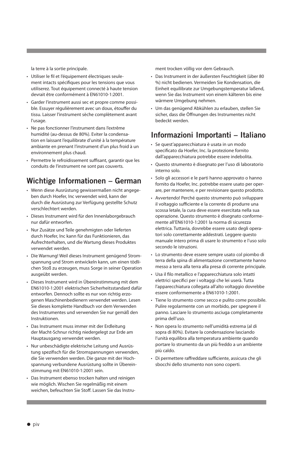 Wichtige informationen – german, Informazioni importanti – italiano | Hoefer VP200 User Manual | Page 5 / 30