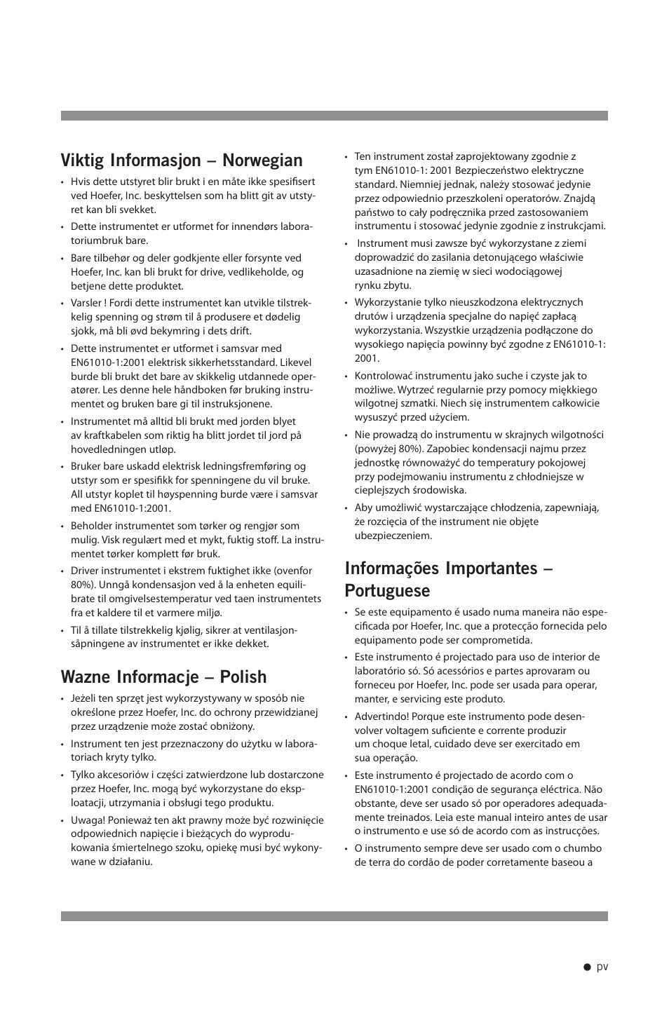 Viktig informasjon – norwegian, Wazne informacje – polish, Informações importantes – portuguese | Hoefer VP200 User Manual | Page 6 / 30