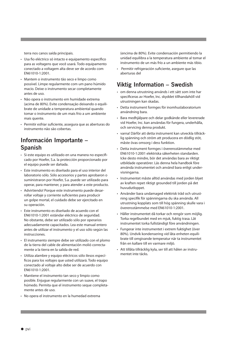 Información importante – spanish, Viktig information – swedish | Hoefer VP200 User Manual | Page 7 / 30