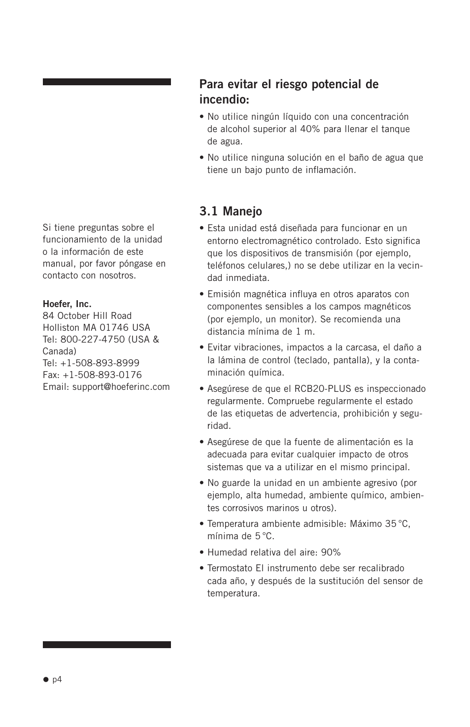 Para evitar el riesgo potencial de incendio, 1 manejo | Hoefer RCB20-PLUS User Manual | Page 12 / 34
