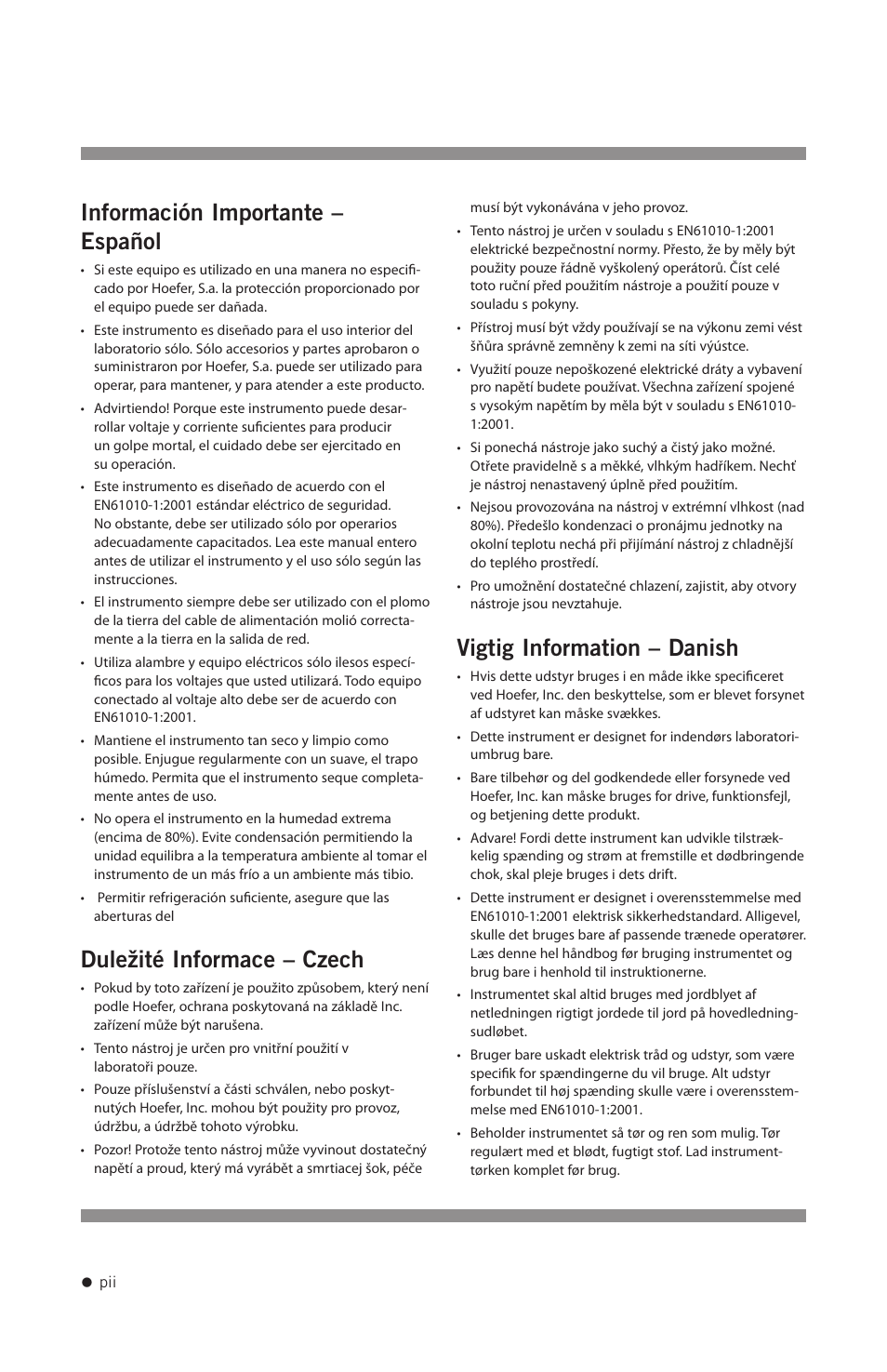 Información importante – español, Duležité informace – czech, Vigtig information – danish | Hoefer RCB20-PLUS User Manual | Page 3 / 34