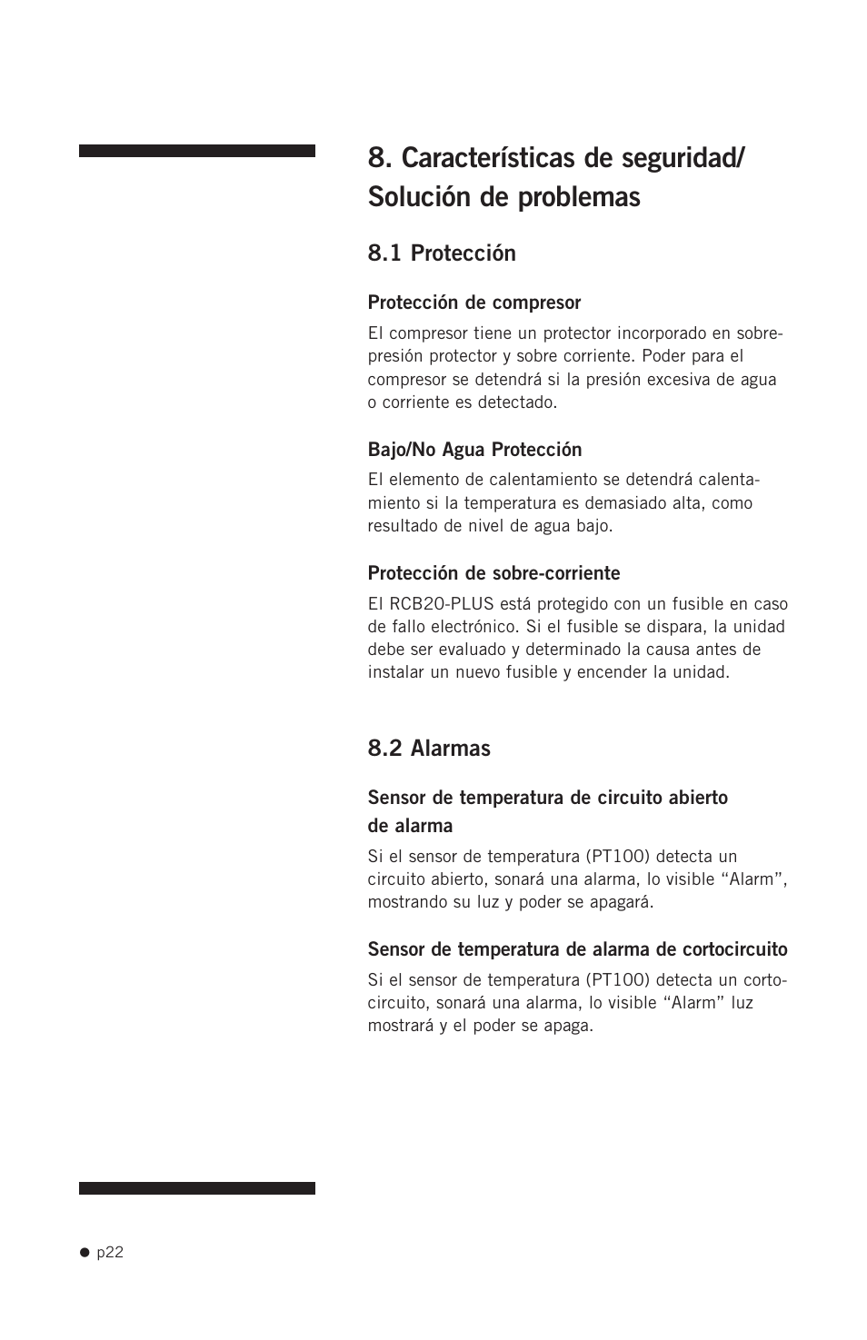 Características de seguridad, Solución de problemas | Hoefer RCB20-PLUS User Manual | Page 30 / 34