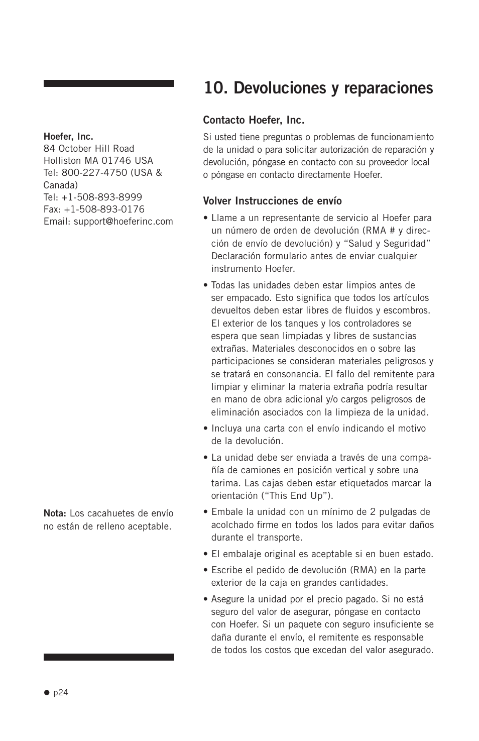 Devoluciones y reparaciones | Hoefer RCB20-PLUS User Manual | Page 32 / 34