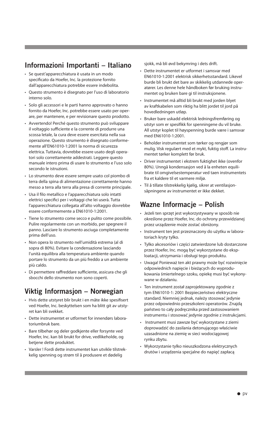 Informazioni importanti – italiano, Viktig informasjon – norwegian, Wazne informacje – polish | Hoefer RCB20-PLUS User Manual | Page 6 / 34