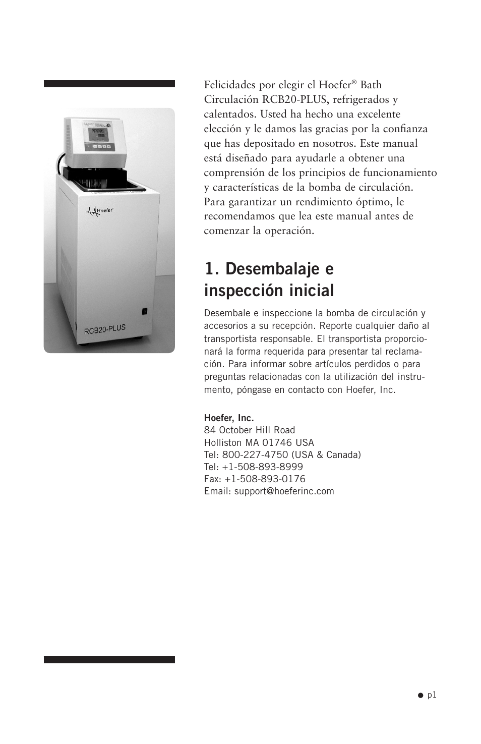 Desembalaje e inspección inicial | Hoefer RCB20-PLUS User Manual | Page 9 / 34