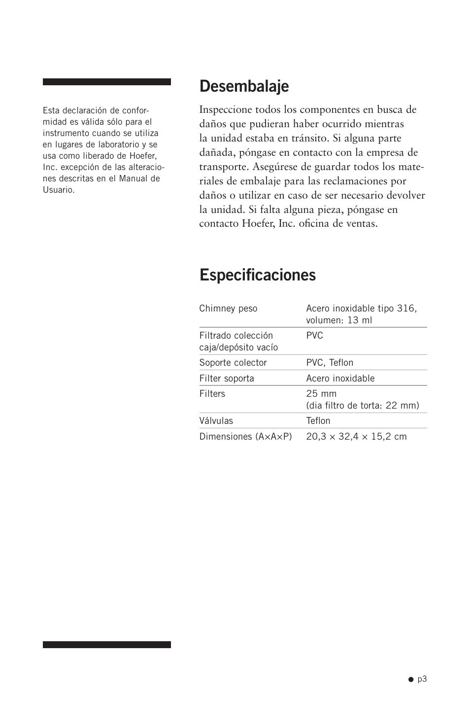 Desembalaje, Especificaciones | Hoefer FH225V User Manual | Page 11 / 19