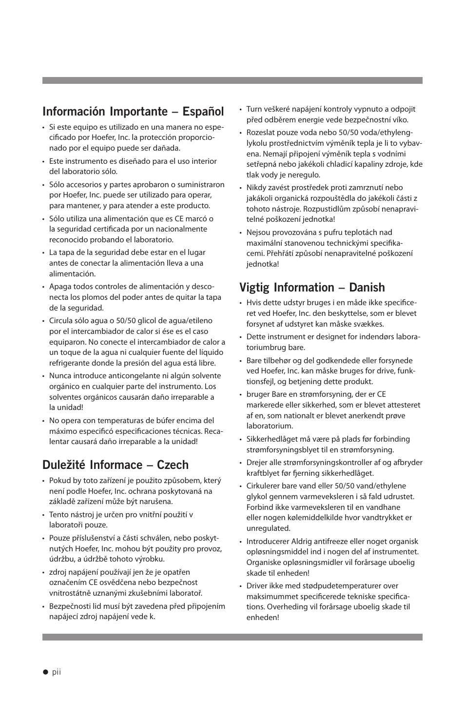 Información importante – español, Duležité informace – czech, Vigtig information – danish | Hoefer FH225V User Manual | Page 3 / 19