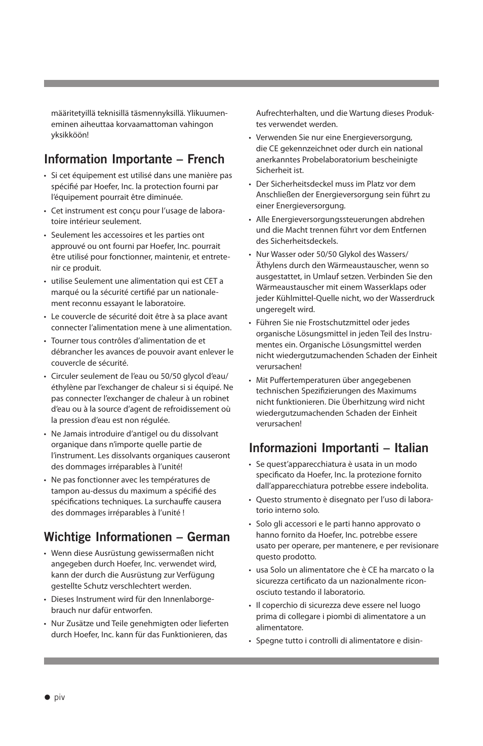 Information importante – french, Wichtige informationen – german, Informazioni importanti – italian | Hoefer FH225V User Manual | Page 5 / 19