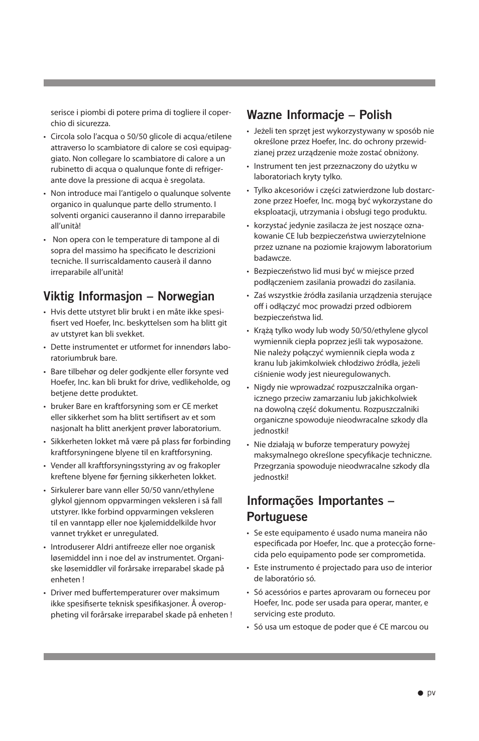 Viktig informasjon – norwegian, Wazne informacje – polish, Informações importantes – portuguese | Hoefer FH225V User Manual | Page 6 / 19