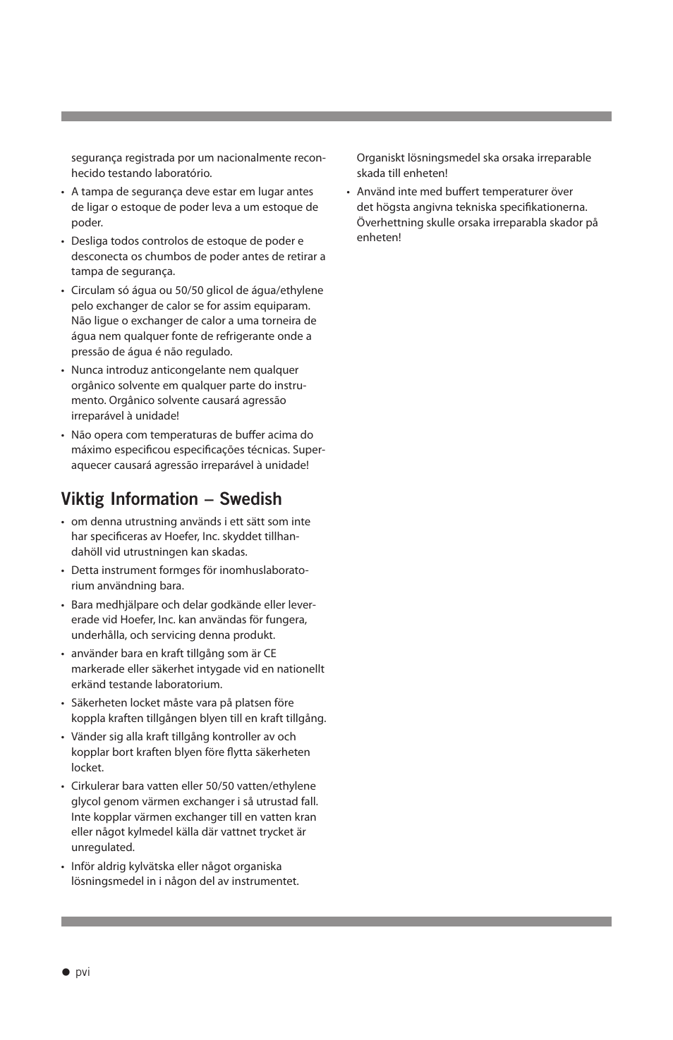 Viktig information – swedish | Hoefer FH225V User Manual | Page 7 / 19