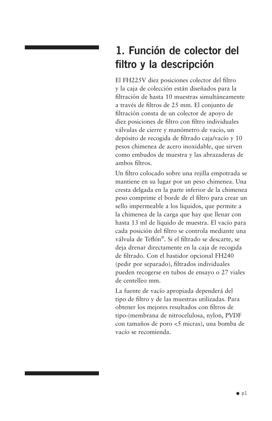 Función de colector del filtro y la descripción | Hoefer FH225V User Manual | Page 9 / 19