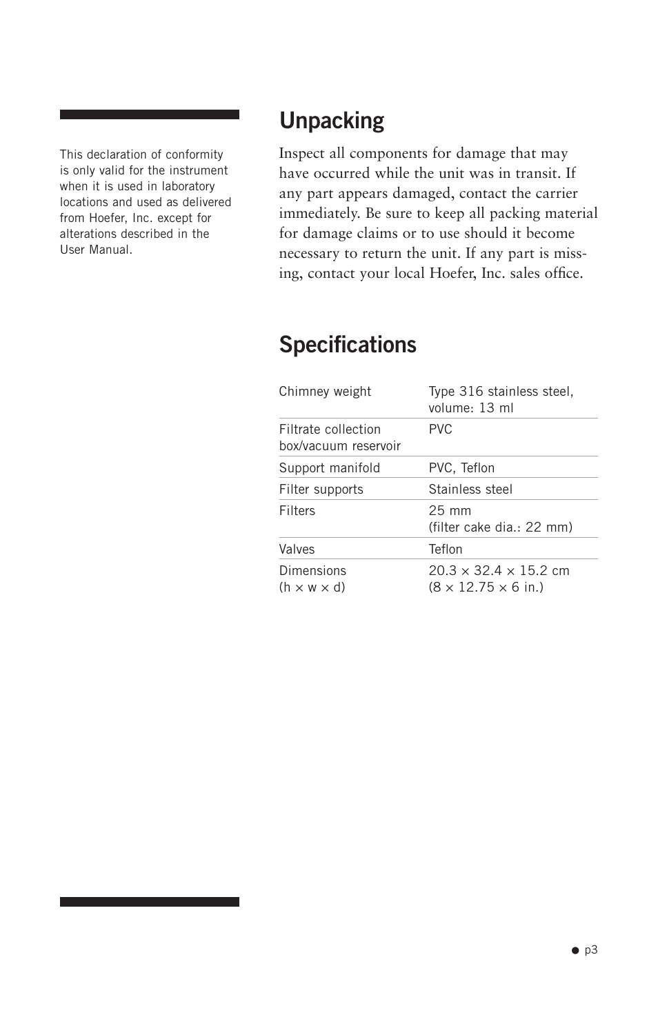 Unpacking, Specifications | Hoefer FH225V User Manual | Page 11 / 19