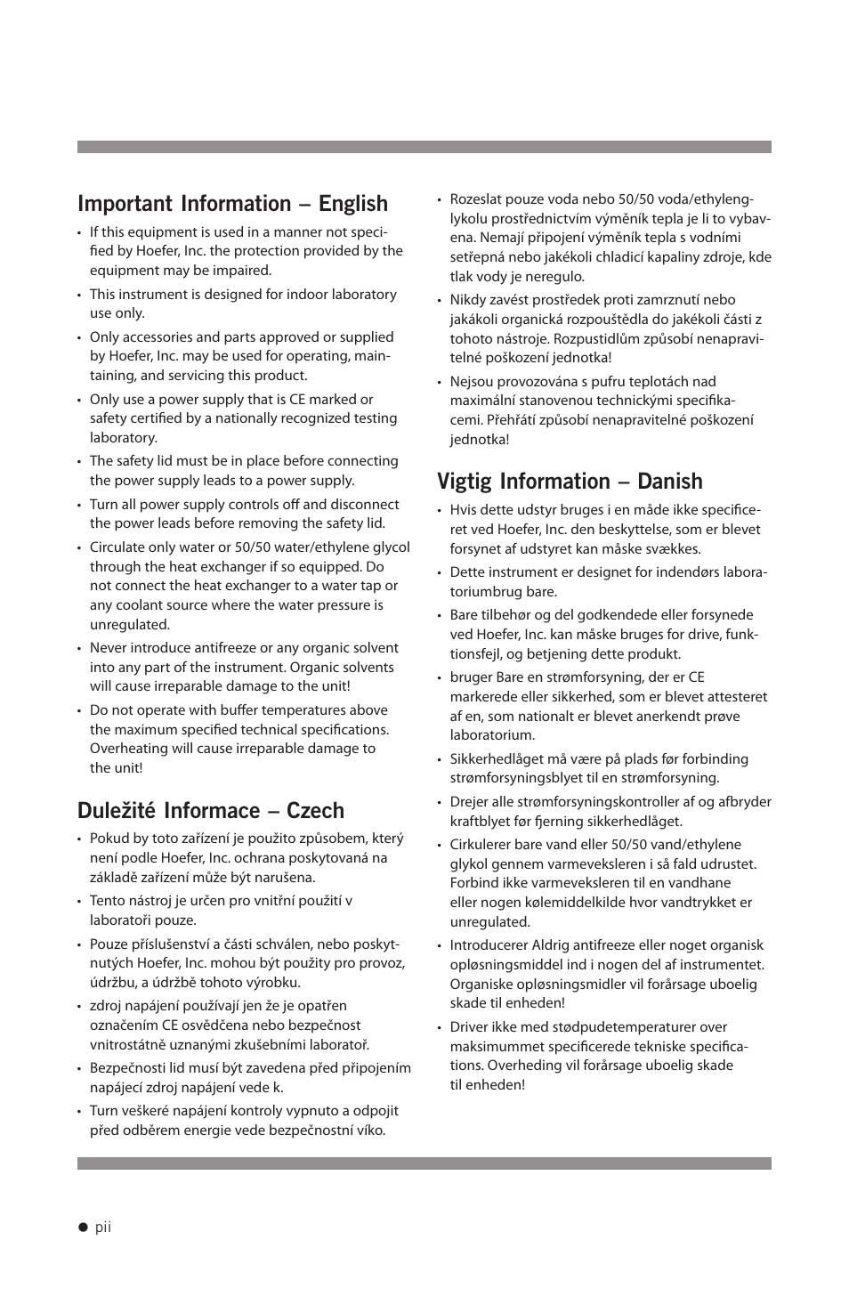 Important information – english, Duležité informace – czech, Vigtig information – danish | Hoefer FH225V User Manual | Page 3 / 19