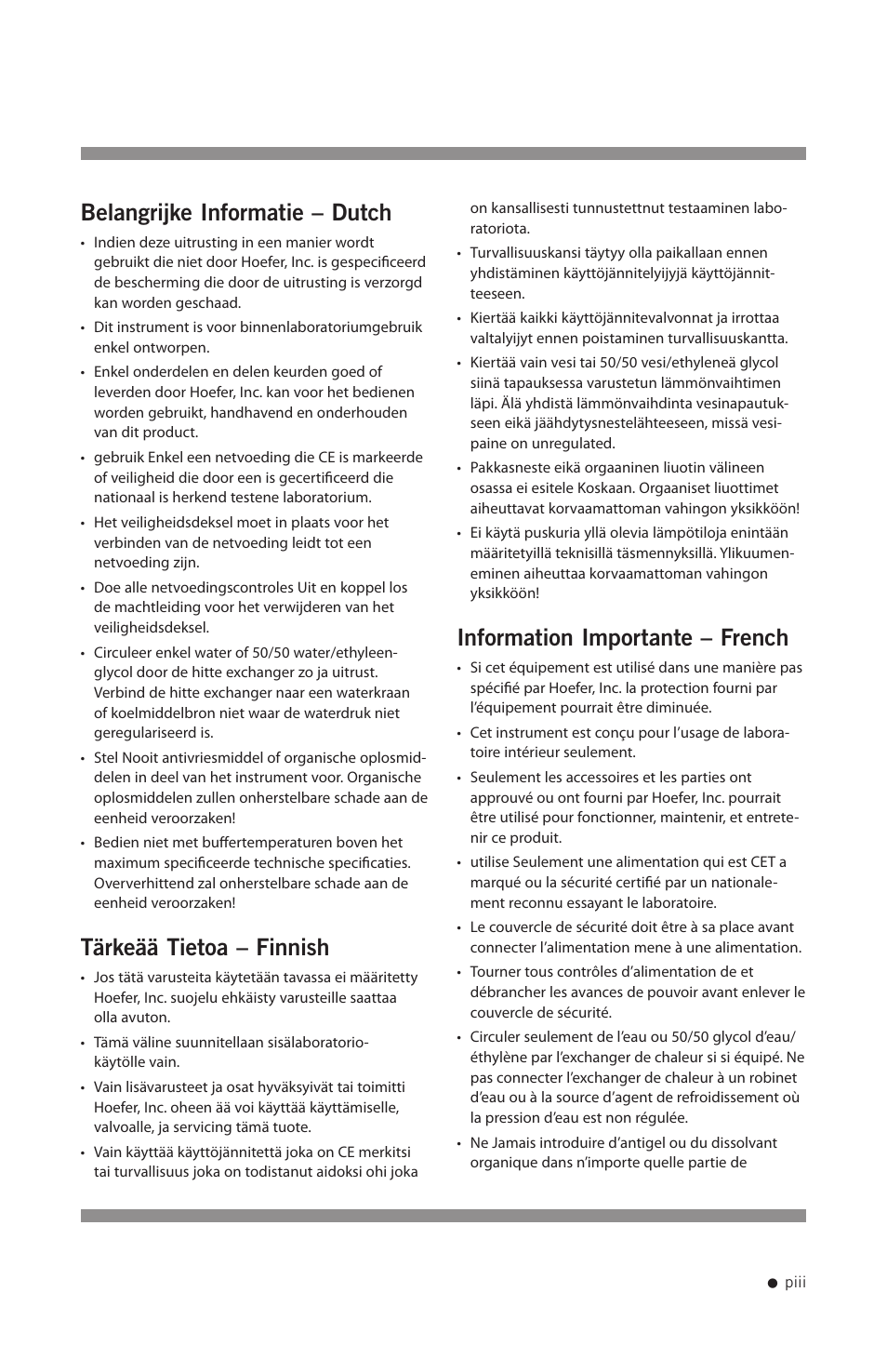 Belangrijke informatie – dutch, Tärkeää tietoa – finnish, Information importante – french | Hoefer FH225V User Manual | Page 4 / 19