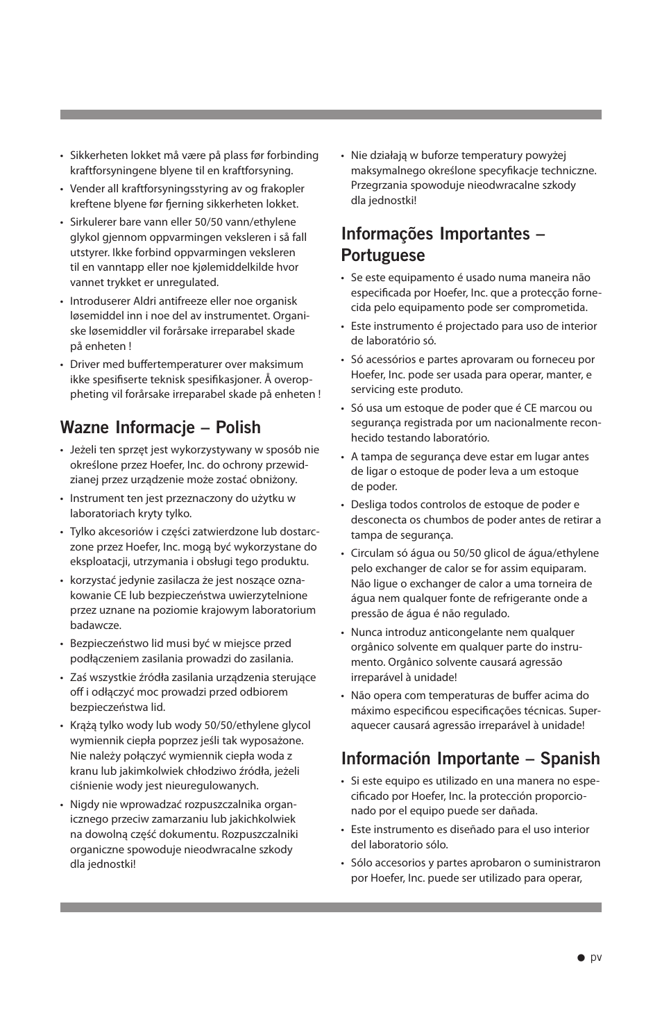 Wazne informacje – polish, Informações importantes – portuguese, Información importante – spanish | Hoefer FH225V User Manual | Page 6 / 19