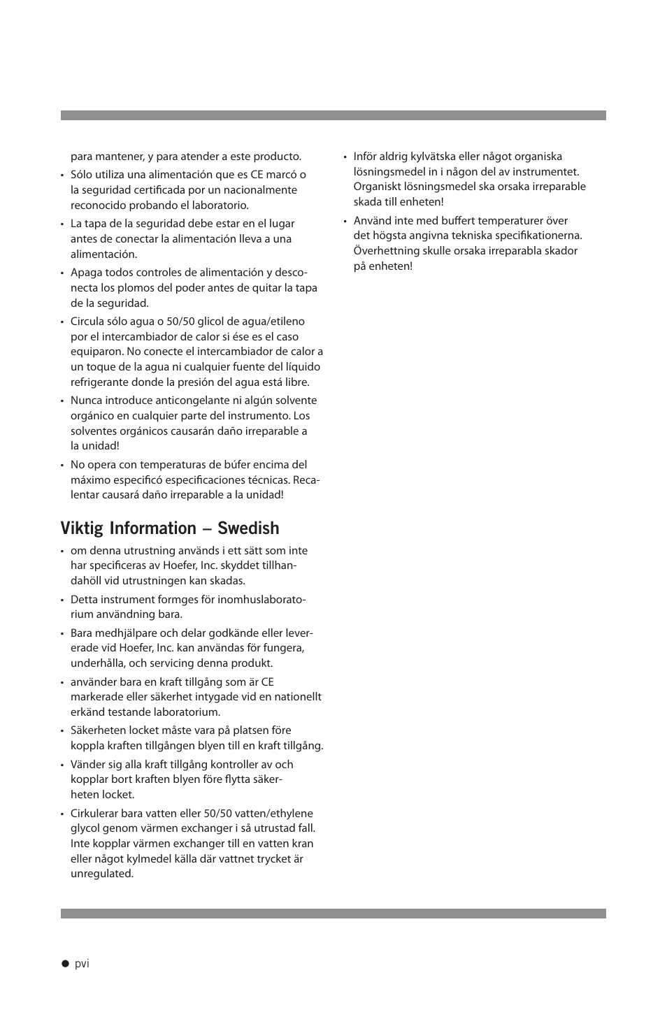 Viktig information – swedish | Hoefer FH225V User Manual | Page 7 / 19