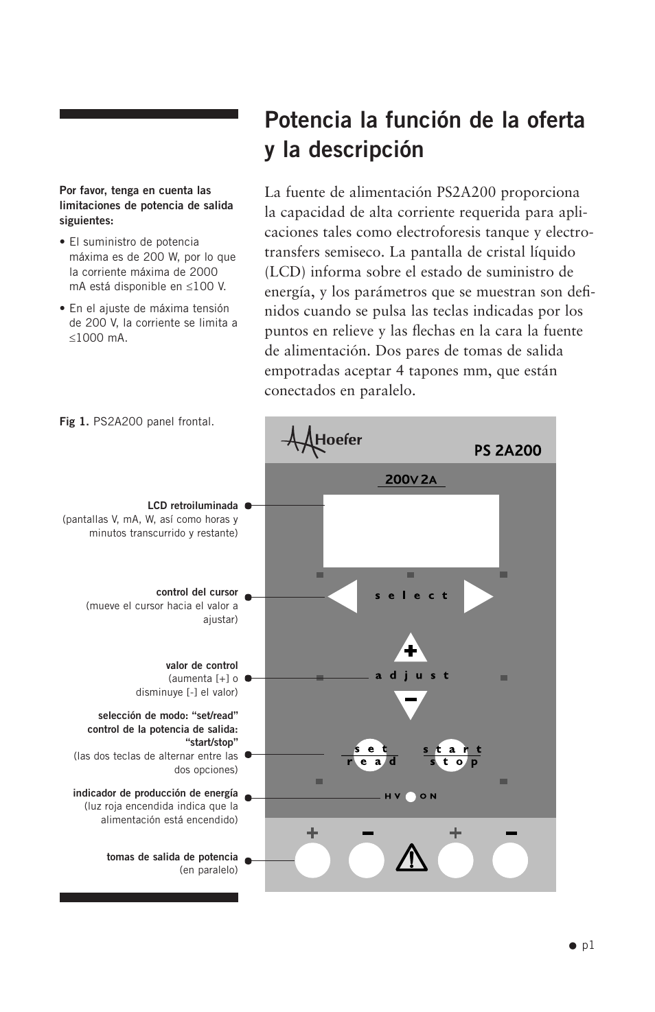 Potencia la función de la oferta y la descripción | Hoefer PS2A200 User Manual | Page 10 / 28