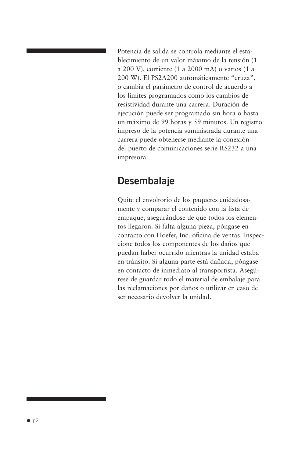 Desembalaje | Hoefer PS2A200 User Manual | Page 11 / 28