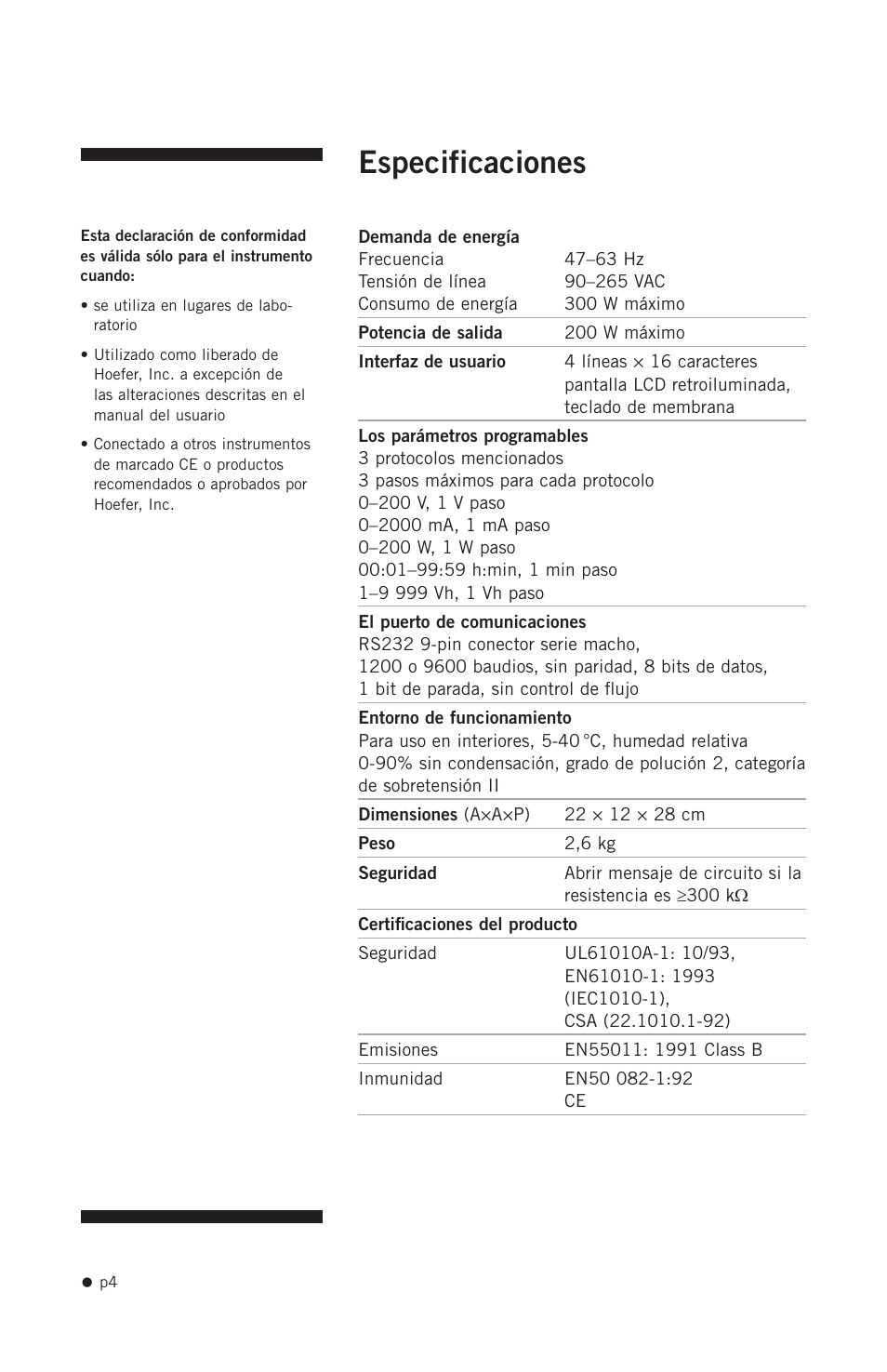 Especificaciones | Hoefer PS2A200 User Manual | Page 13 / 28