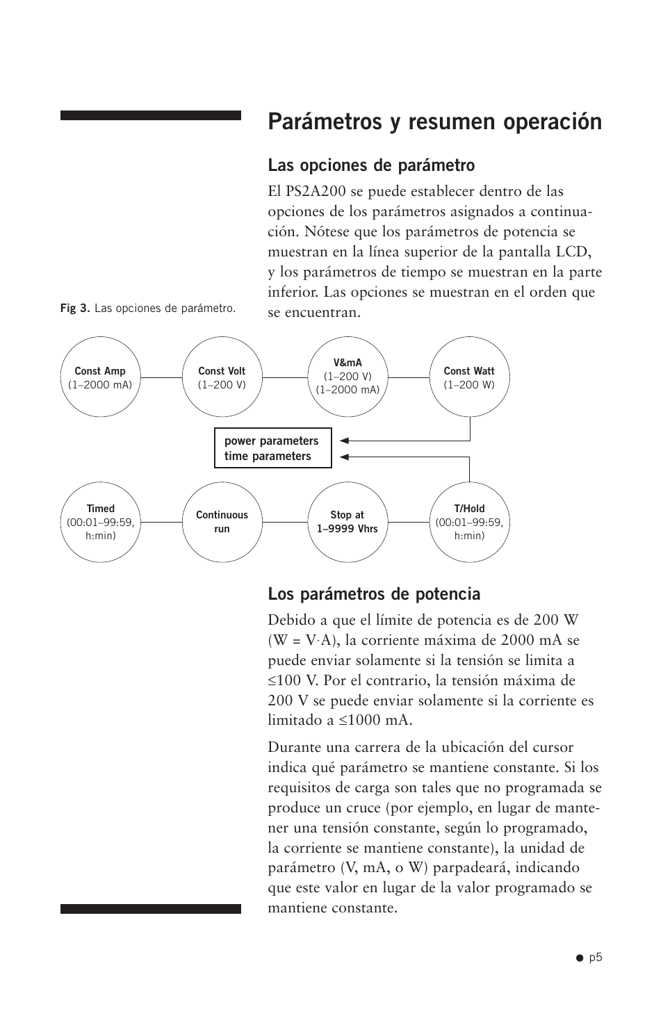 Parámetros y resumen operación, Las opciones de parámetro, Los parámetros de potencia | Hoefer PS2A200 User Manual | Page 14 / 28