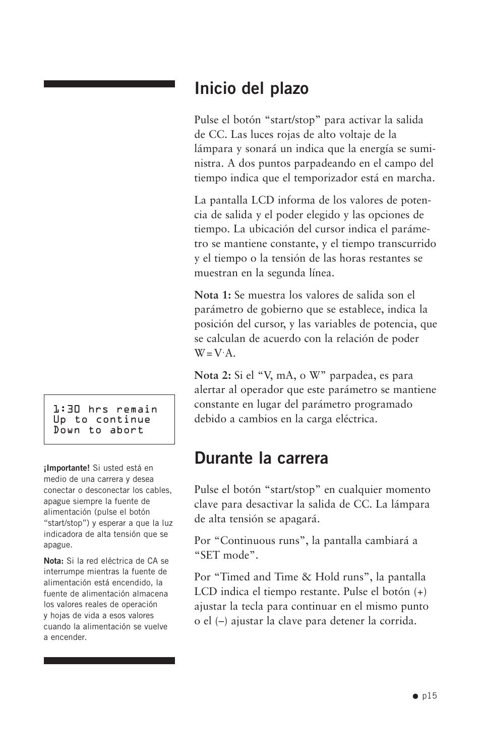 Inicio del plazo, Durante la carrera | Hoefer PS2A200 User Manual | Page 24 / 28