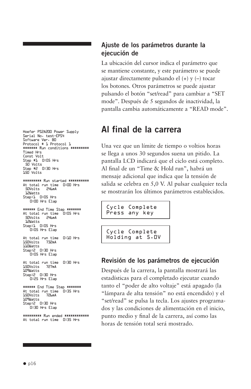 Al final de la carrera, Ajuste de los parámetros durante la ejecución de, Revisión de los parámetros de ejecución | Hoefer PS2A200 User Manual | Page 25 / 28