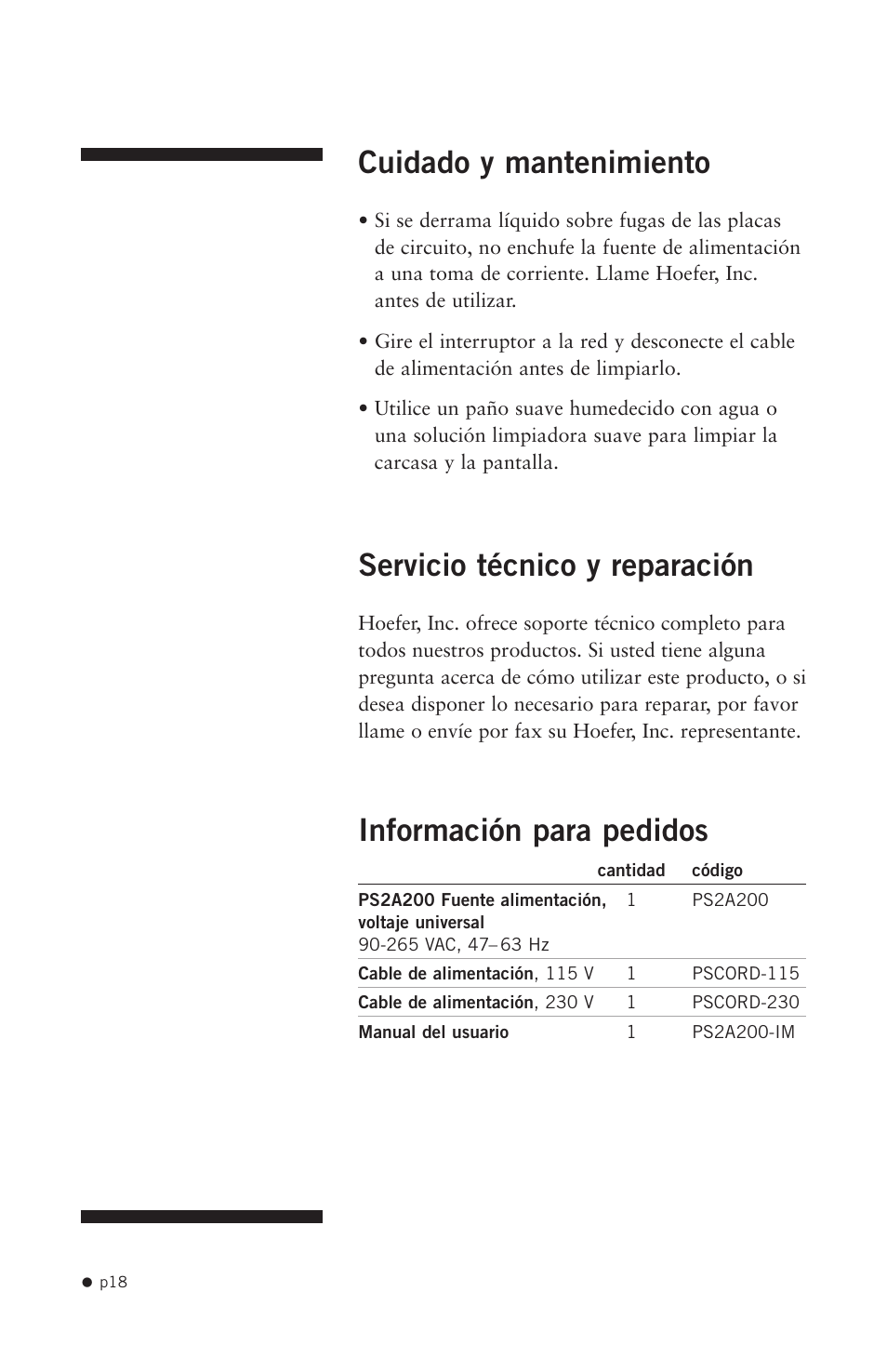 Cuidado y mantenimiento, Servicio técnico y reparación, Información para pedidos | Hoefer PS2A200 User Manual | Page 27 / 28