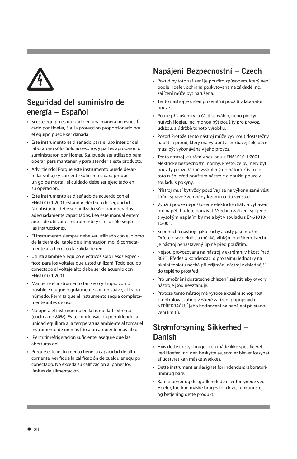 Seguridad del suministro de energía – español, Napájení bezpecnostní – czech, Strømforsyning sikkerhed – danish | Hoefer PS2A200 User Manual | Page 3 / 28