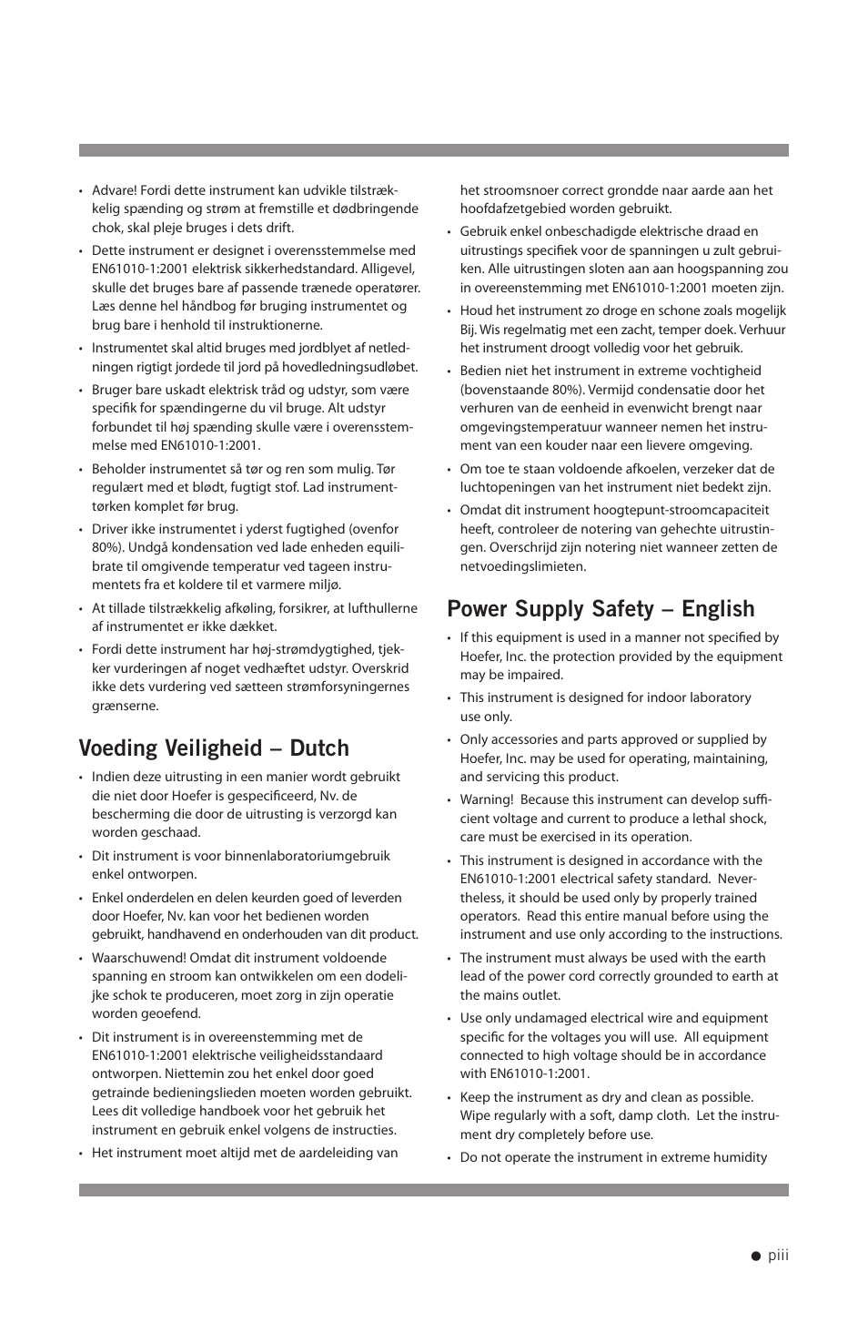 Voeding veiligheid – dutch, Power supply safety – english | Hoefer PS2A200 User Manual | Page 4 / 28