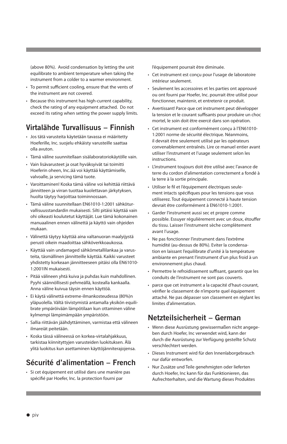 Virtalähde turvallisuus – finnish, Sécurité d’alimentation – french, Netzteilsicherheit – german | Hoefer PS2A200 User Manual | Page 5 / 28