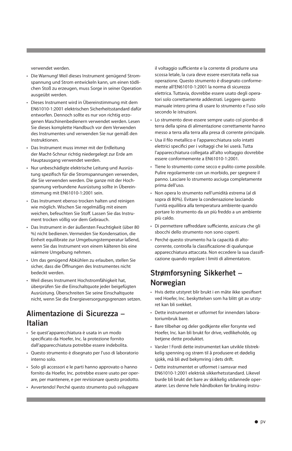 Alimentazione di sicurezza – italian, Strømforsyning sikkerhet – norwegian | Hoefer PS2A200 User Manual | Page 6 / 28