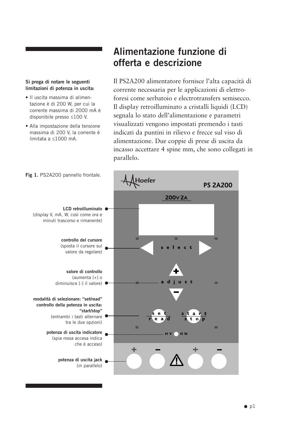 Alimentazione funzione di offerta e descrizione | Hoefer PS2A200 User Manual | Page 10 / 28